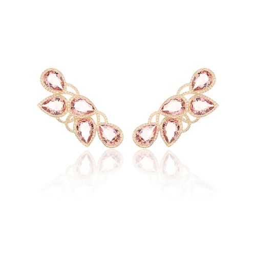 Brinco Ear Cuff Labirinto de Gotas cristal Rodolita Cravejado Banho de Ouro 18k