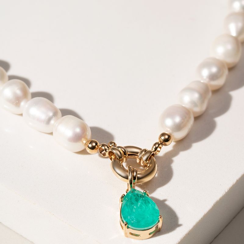 Colar-de-Perolas-com-Pedra-Fusion-de-Turmalina-em-Gota-Pendurada-Banhado-a-Ouro-18k-44cm