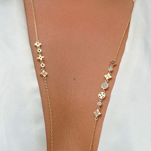 Colar zircônia longo com simbolos banhado à ouro 18k