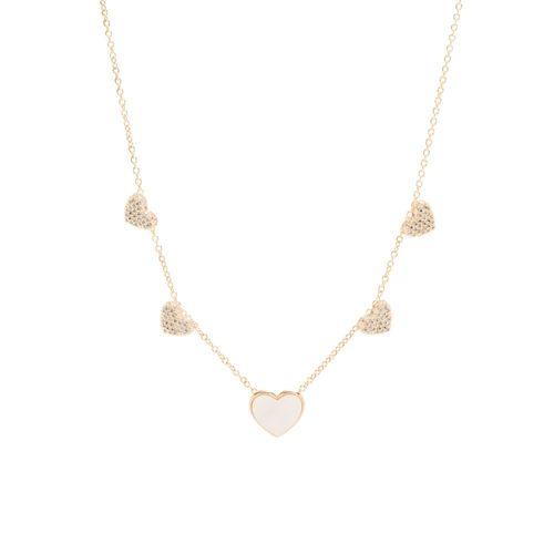 Colar Coração Madreperola 5 Corações Cravejados Banhado à Ouro 18k 50cm
