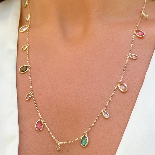 Colar oval cristal peridoto cristal paraíba cristal morganita 32 pedras banho de ouro 18k 80cm