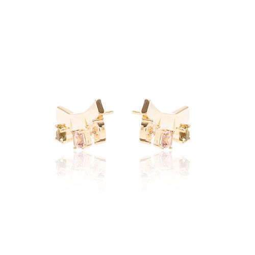 Brinco Ear Cuff Formas Cristal Rodolita, Cristal Morganita e Cristal Peridoto com Placas Lisas Banho de Ouro 18k