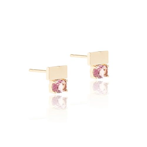 Brinco Pedra Oval Cristal Rodolita com Placa Banho de Ouro 18k