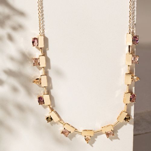 Colar formas Cristal Rodolita, Cristal Morganita, Cristal Peridoto e Placas Lisas Banho de Ouro 18k 50cm