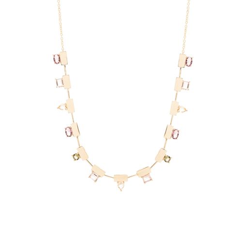 Colar formas Cristal Rodolita, Cristal Morganita, Cristal Peridoto e Placas Lisas Banho de Ouro 18k 50cm