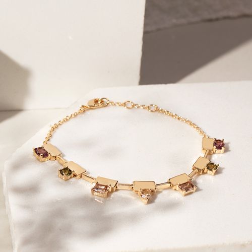 Pulseira Formas Cristal Rodolita, Cristal Morganita, Cristal Peridoto com Placas Banho de Ouro 18k 18cm