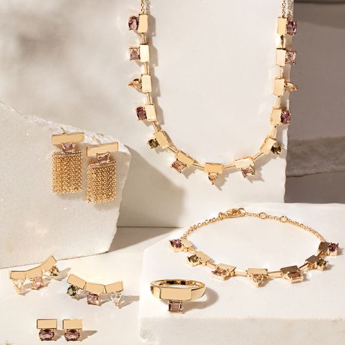 Pulseira Formas Cristal Rodolita, Cristal Morganita, Cristal Peridoto com Placas Banho de Ouro 18k 18cm