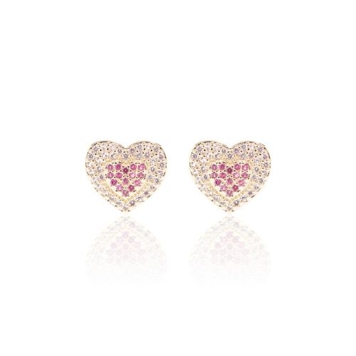 Brinco coração duplo zircônia rosa e vermelha banho de ouro 18k