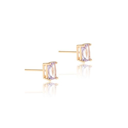 Brinco topo retângular cristal tanzanita carre banho de ouro 18k