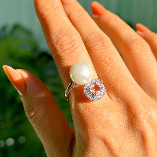 Anel Aro Aberto Cristal Morganita e Pérola de Água Doce Banho de Ródio Branco