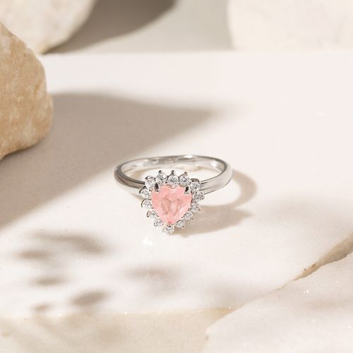 Anel Coração Fusion Quartzo Rosa com Borda Cravejada Prata 925