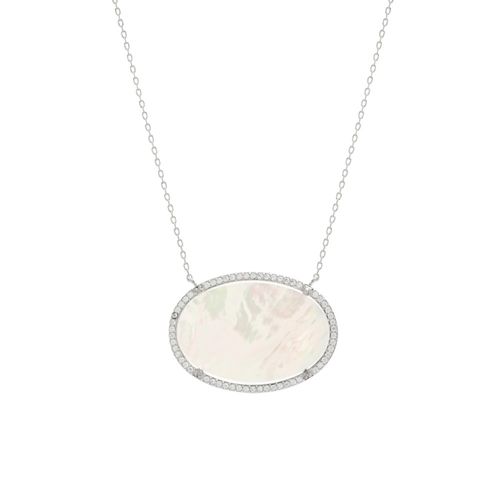 Colar Madrepérola Medalha Oval Banho de Ródio Branco Tam 45cm