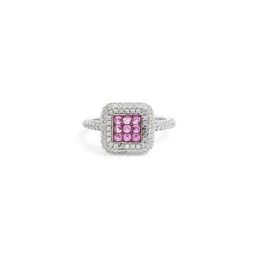 Anel Cristal Turmalina Rosa Moldura com Cravação Invisível de Zircônias Brancas Banho de Ródio Branco
