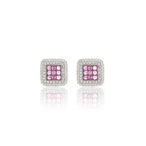 Brinco Cristal Turmalina Rosa Moldura com Cravação Invisível de Zircônias Brancas Banho de Ródio Branco