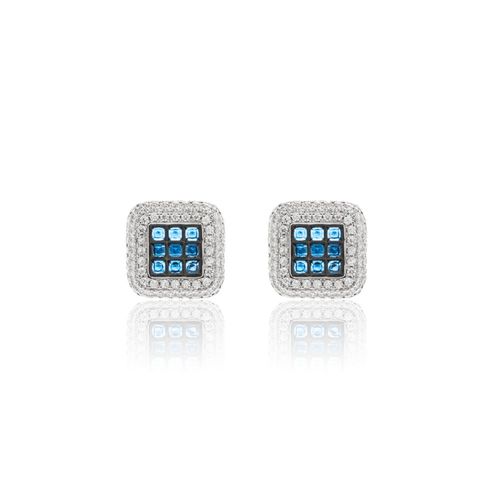 Brinco Cristal Safira Moldura com Cravação Invisível de Zircônias Brancas Banho de Ródio Branco