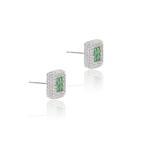 Brinco Cristal Esmeralda Moldura com Cravação Invisível de Zircônias Brancas Banho de Ródio Branco