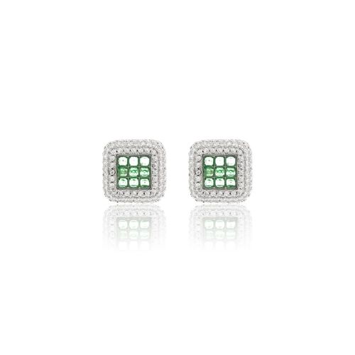 Brinco Cristal Esmeralda Moldura com Cravação Invisível de Zircônias Brancas Banho de Ródio Branco