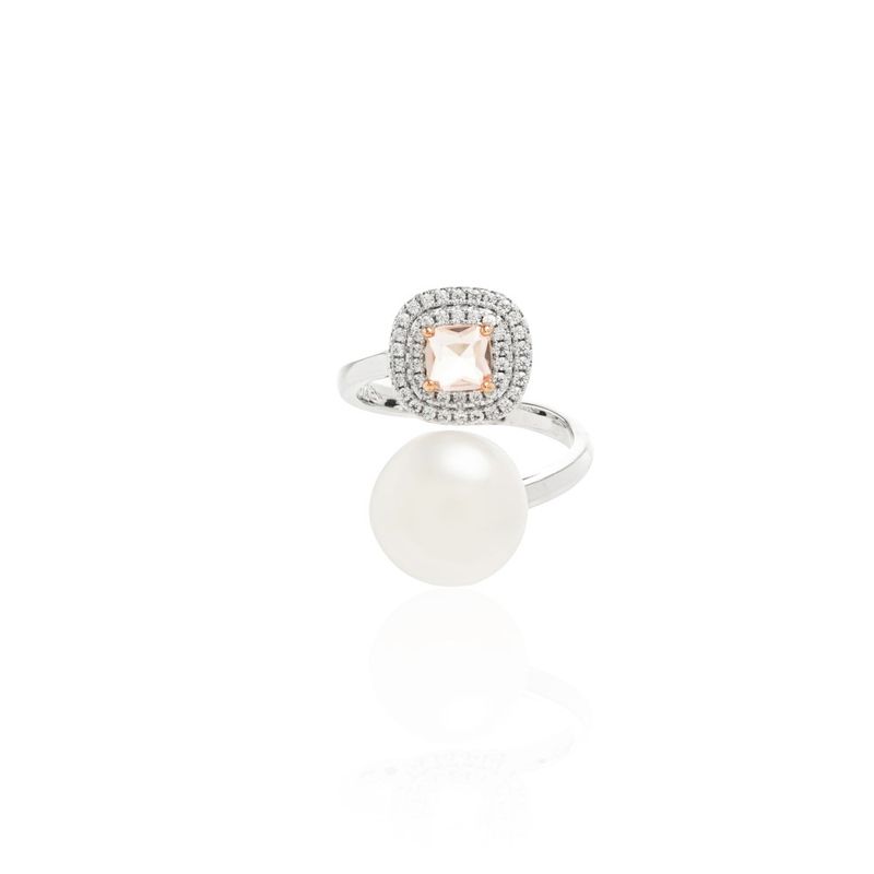 Anel-Aro-Aberto-Cristal-Morganita-e-Perola-de-Agua-Doce-Banho-de-Rodio-Branco