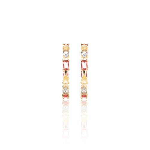 Brinco Argola Cristais de Turmalina Rosa, Ametista e Citrino em Formas Banho de Ouro 18k