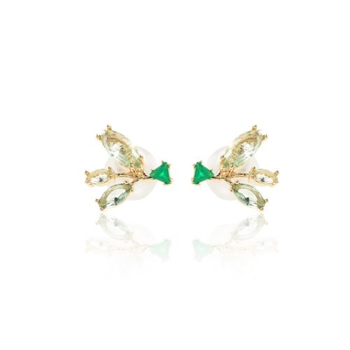 Brinco Ramo Cristais Esmeralda e Ametista Verde com Fecho Pérola Banho de Ouro 18k