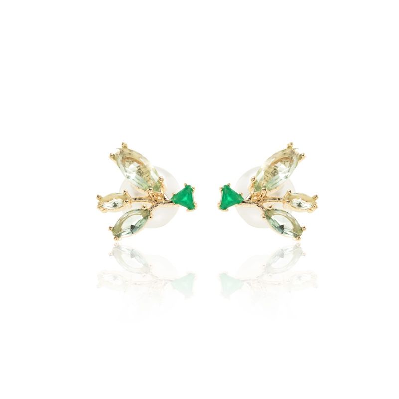 Brinco-Ramo-Cristais-Esmeralda-e-Ametista-Verde-com-Fecho-Perola-Banho-de-Ouro-18k