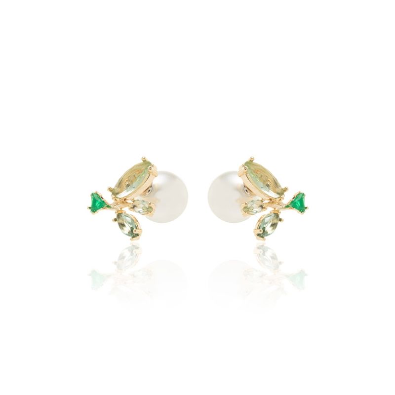 Brinco-Ramo-Cristais-Esmeralda-e-Ametista-Verde-com-Fecho-Perola-Banho-de-Ouro-18k
