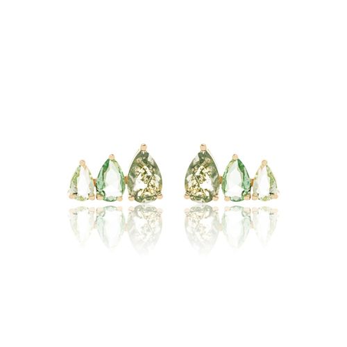 Brinco Ear Cuff 3 Gotas Cristal Rutilado Berilo e Cristal Ametista Verde Banho de Ouro