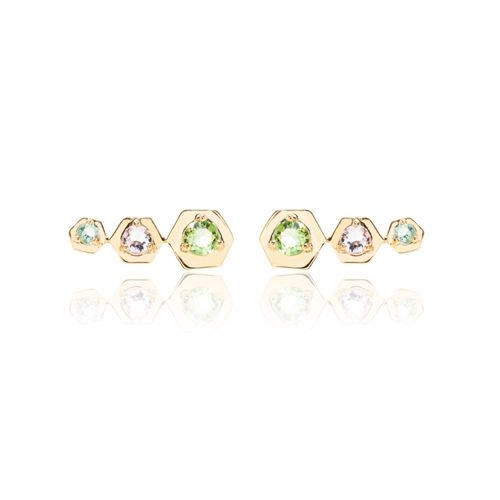 Brinco Ear Cuff Hexagono Cristal Berilo Banho de Ouro 18k
