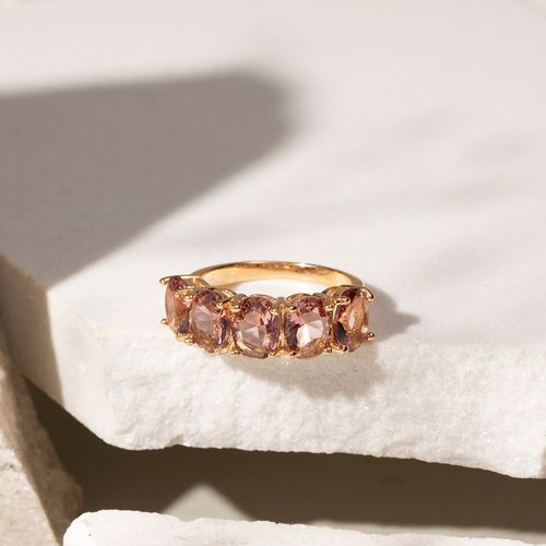 Anel Meia Aliança com 5 Pedras Cristal Rodolita Banho de Ouro 18k