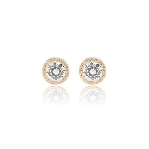 Brinco Ponto de Luz Cravação Halo em Garras de Zircônia Branca Banho de Ouro 18k