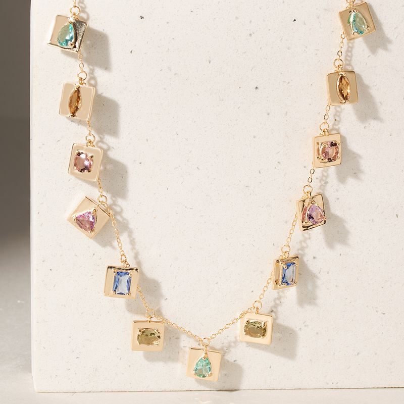 Colar-Placas-Penduradas-com-Cristal-Paraiba-Cristal-Rodolita-e-Cristal-Tanzanita-em-Formas-Banho-de-Ouro-18k-Tam-54cm