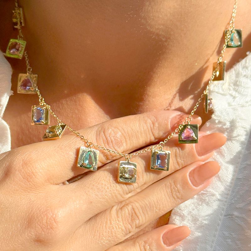 Colar-Placas-Penduradas-com-Cristal-Paraiba-Cristal-Rodolita-e-Cristal-Tanzanita-em-Formas-Banho-de-Ouro-18k-Tam-54cm