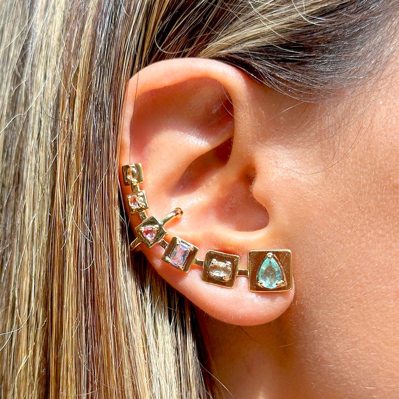 Brinco-Ear-Cuff-Placas-com-Cristal-Paraiba-Cristal-Rodolita-e-Cristal-Tanzanita-em-Formas-Banho-de-Ouro-18k