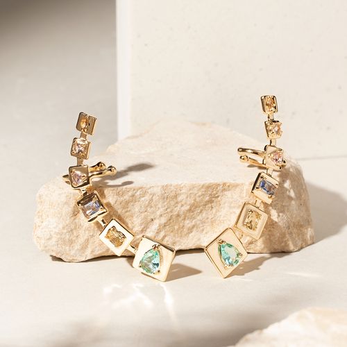 Brinco Ear Cuff Placas com Cristal Paraíba Cristal Rodolita e Cristal Tanzanita em Formas Banho de Ouro 18k