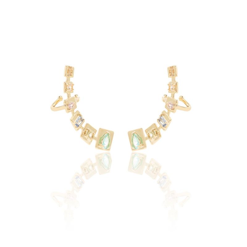 Brinco-Ear-Cuff-Placas-com-Cristal-Paraiba-Cristal-Rodolita-e-Cristal-Tanzanita-em-Formas-Banho-de-Ouro-18k