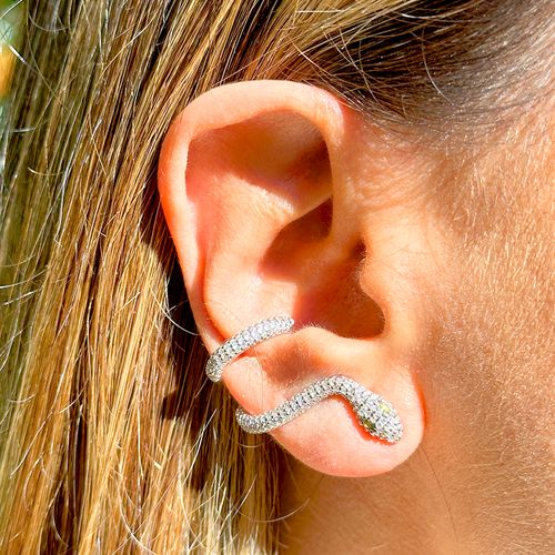 Brinco Ear Cuff Serpente Cristal Peridoto e Zircônia Branca - Prata 925