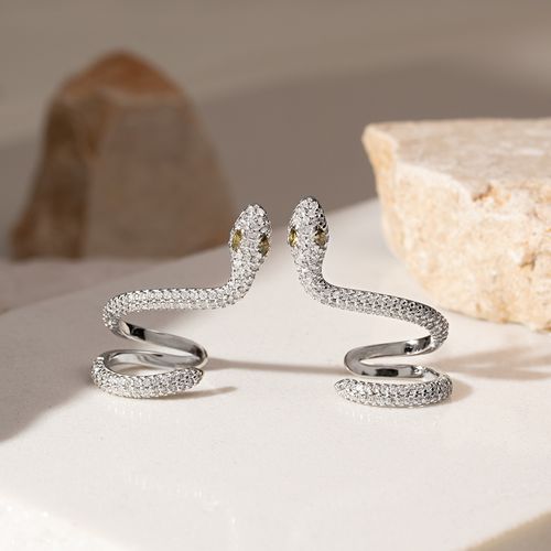 Brinco Ear Cuff Serpente Cristal Peridoto e Zircônia Branca - Prata 925