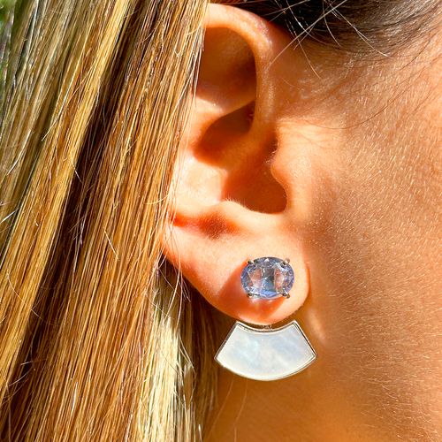 Brinco Ear Jacket Cristal Tanzanita e Madrepérola - Banho de Ródio Branco
