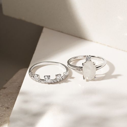 Anel Duplo Cristal Rutilado Pedra da Lua Oval - Banho de Ródio Branco