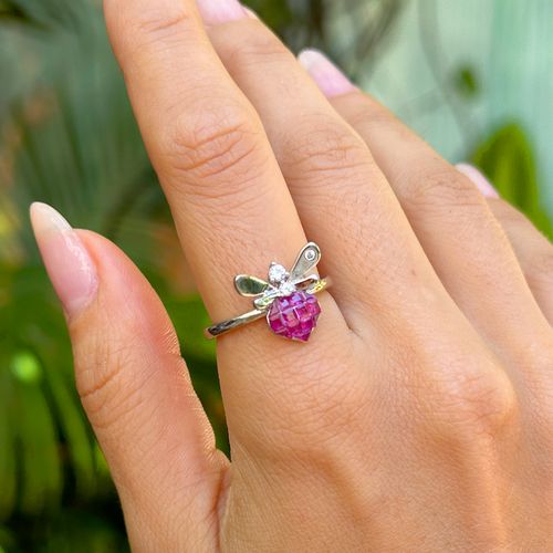 Anel Borboleta Mosaico Cristal Turmalina Rosa Cravação Invisível - Banho de Ródio Branco