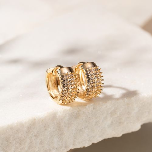 Brinco Argola 12mm Cravejado com Zircônias Brancas em 5 Linhas com Espinhos - Banho de Ouro 18k