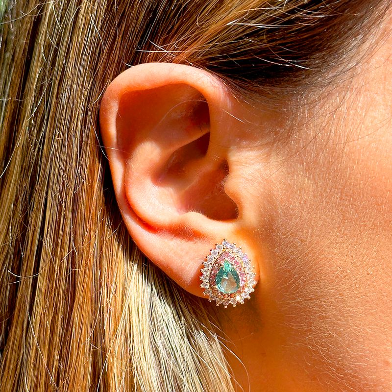 Brinco-Gota-com-Cristal-Paraiba-e-Borda-Cravejada-com-Zirconia-Branca-e-Rosa---Banho-de-Ouro-18k