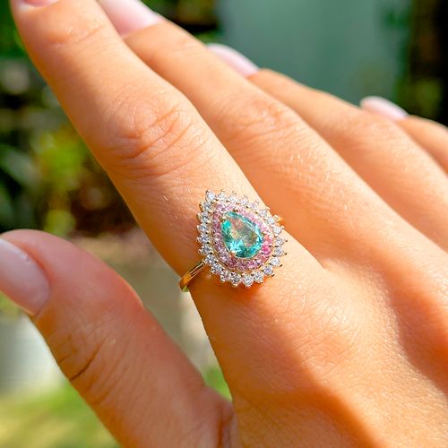 Anel Gota com Cristal Paraíba e Borda Cravejada com Zircônias Brancas e Rosas - Banho de Ouro 18k