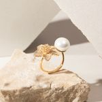 Anel-Perola-Shell-e-Botao-de-Flor-Aro-Aberto---Banho-de-Ouro-18k