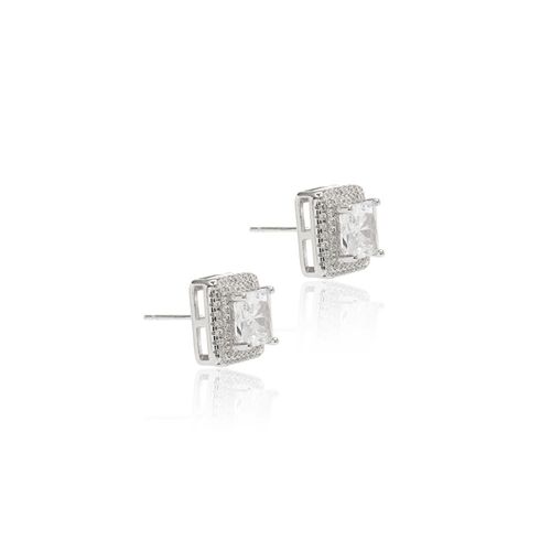 Brinco Quadrado Zircônia Branca Borda Cravejada - Prata 925