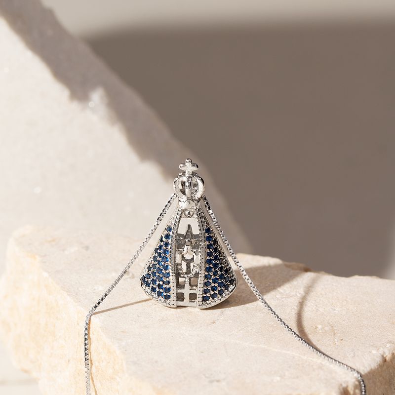 Colar-Nossa-Senhora-Aparecida-Cravejado-com-Zirconia-Branca-e-Zirconia-Azul-Escuro---50cm---Prata-925