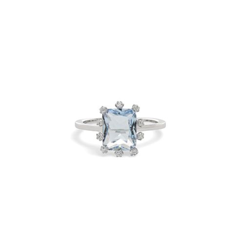 Anel Coroa Retângulo Cristal London Blue e Zircônia Branca - Prata 925