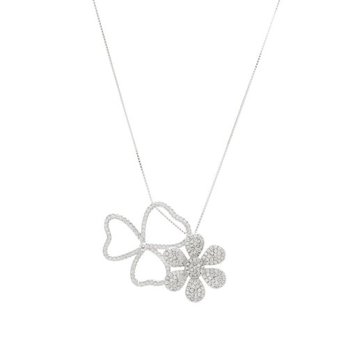 Colar Flor e Trevo Cravejado com Zircônia Branca - 52cm - Prata 925
