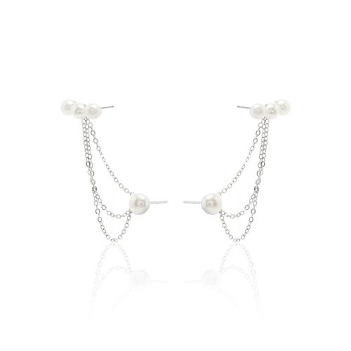 Brinco Ear Chain Versátil Pérolas de Água Doce e Fios - Prata 925