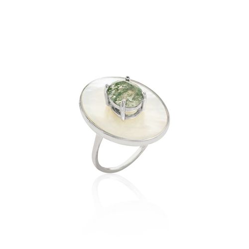 Anel Cristal Rutilado Cor Berilo Oval e Madrepérola - Banho de Ródio Branco